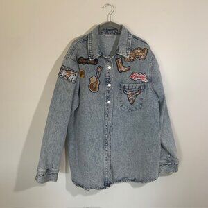 Blue B Western Patch Cowgirl Rodeo Chic Denim Shacket Shirt Jacket - Size XL
